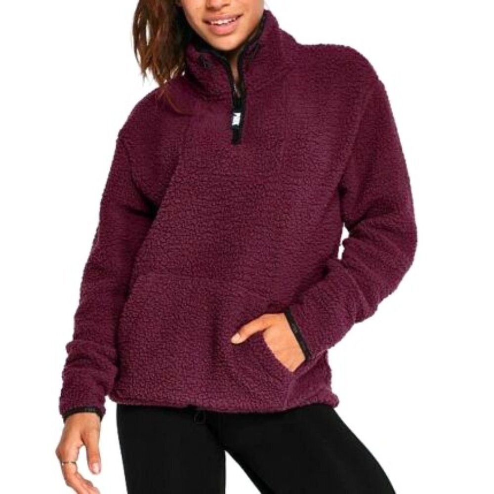 VICTORIA'S SECRET PINK Sherpa Quarter Zip Pullover, Ruby XS